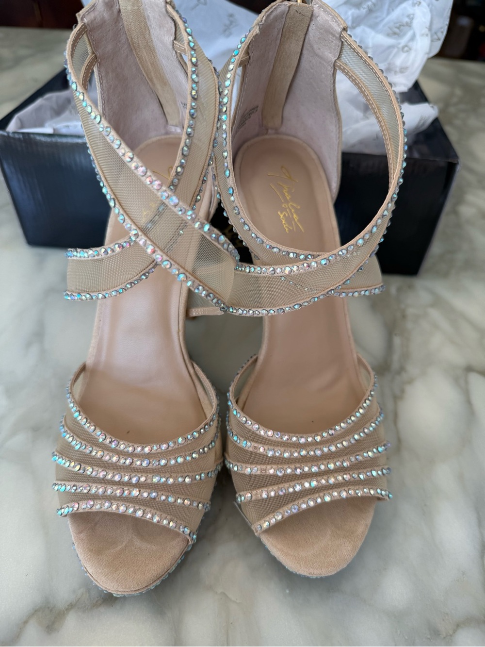 Thalia Sodi Nude Rhinestone Strappy Heels